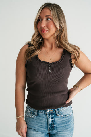 Night Sky Ribbed Ruffle Henley Tank Top