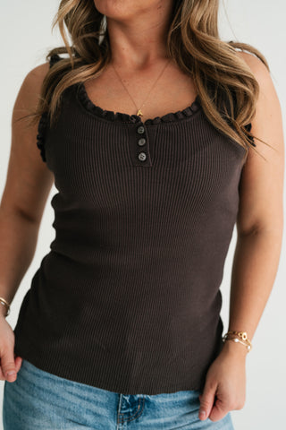 Night Sky Ribbed Ruffle Henley Tank Top