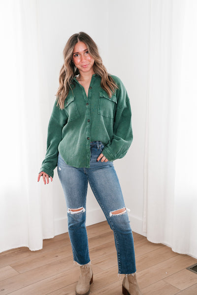 With Love Waffle Knit Button Up - Dark Green