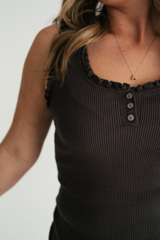 Night Sky Ribbed Ruffle Henley Tank Top