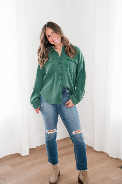 With Love Waffle Knit Button Up - Dark Green