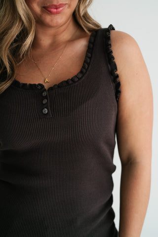 Night Sky Ribbed Ruffle Henley Tank Top