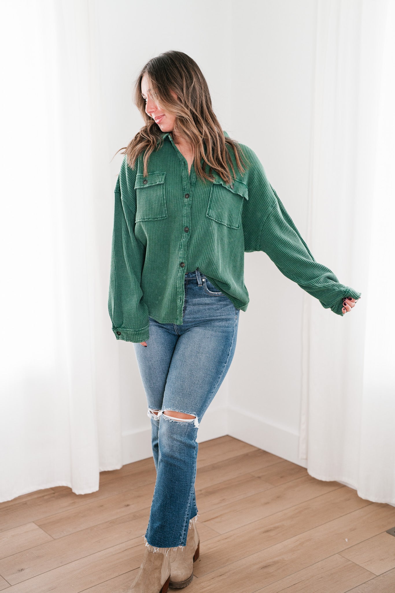 With Love Waffle Knit Button Up - Dark Green