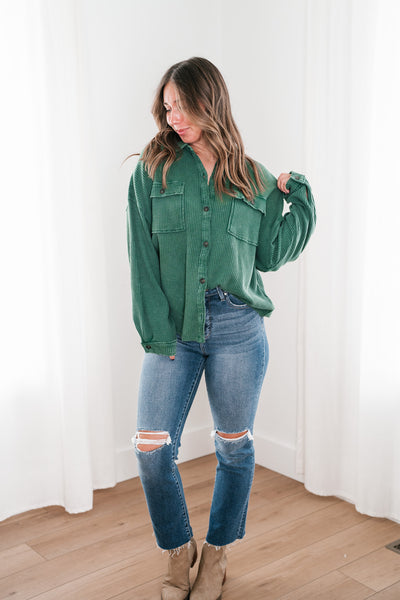 With Love Waffle Knit Button Up - Dark Green