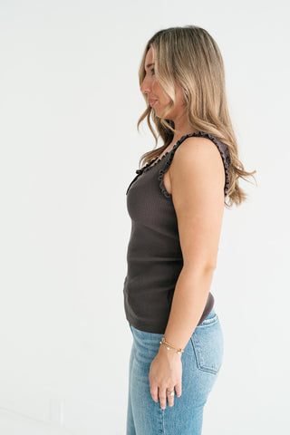 Night Sky Ribbed Ruffle Henley Tank Top