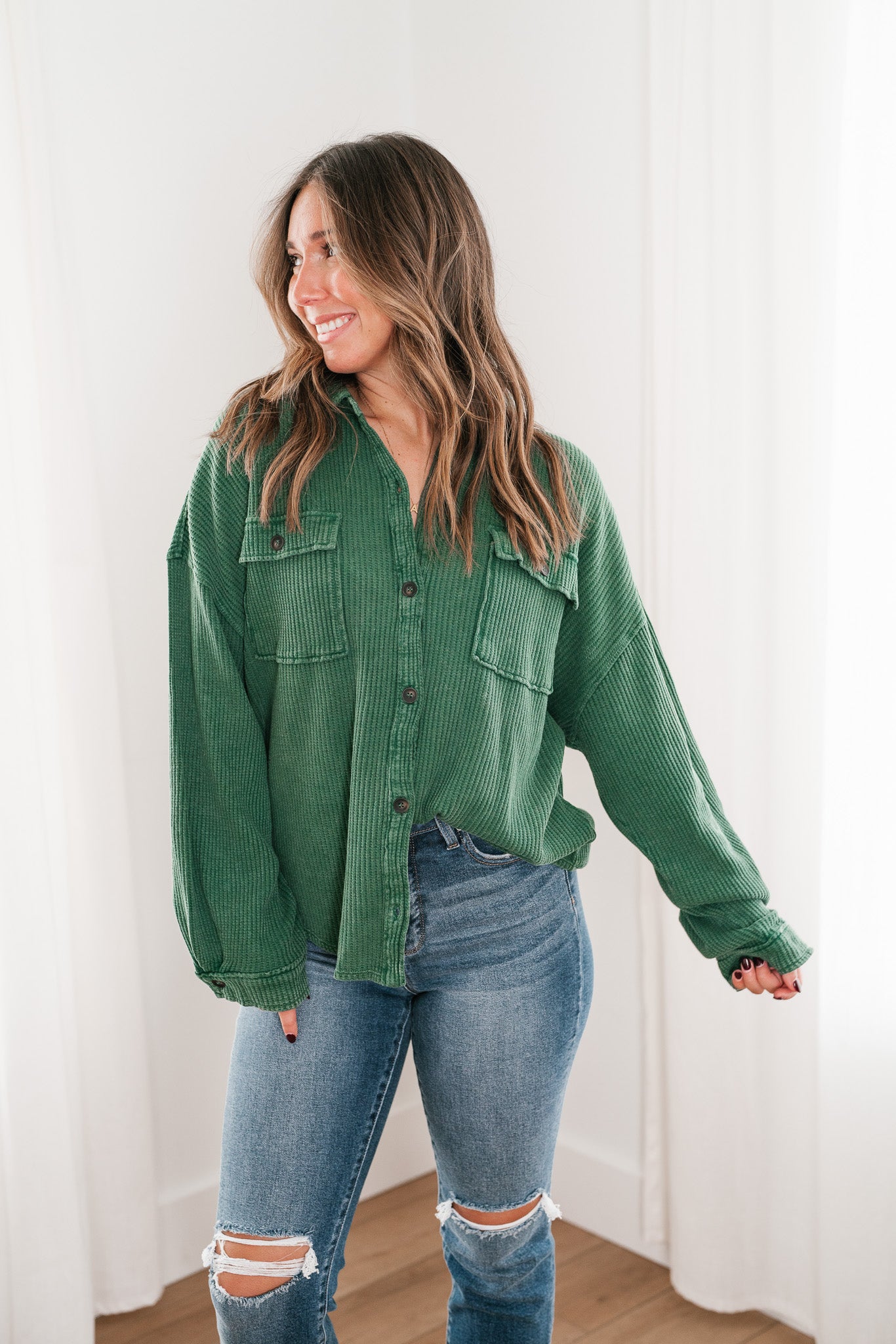 With Love Waffle Knit Button Up - Dark Green