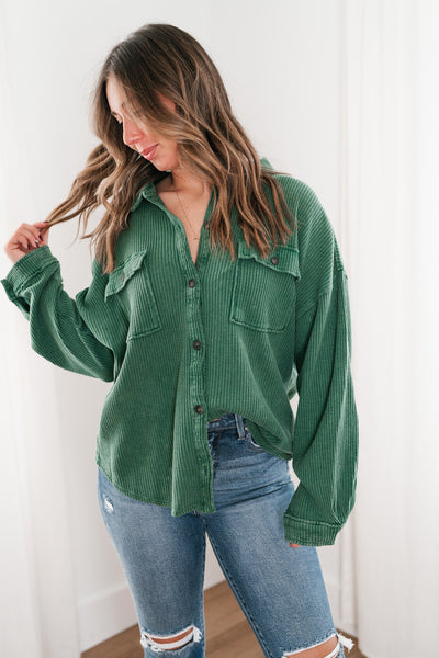 With Love Waffle Knit Button Up - Dark Green