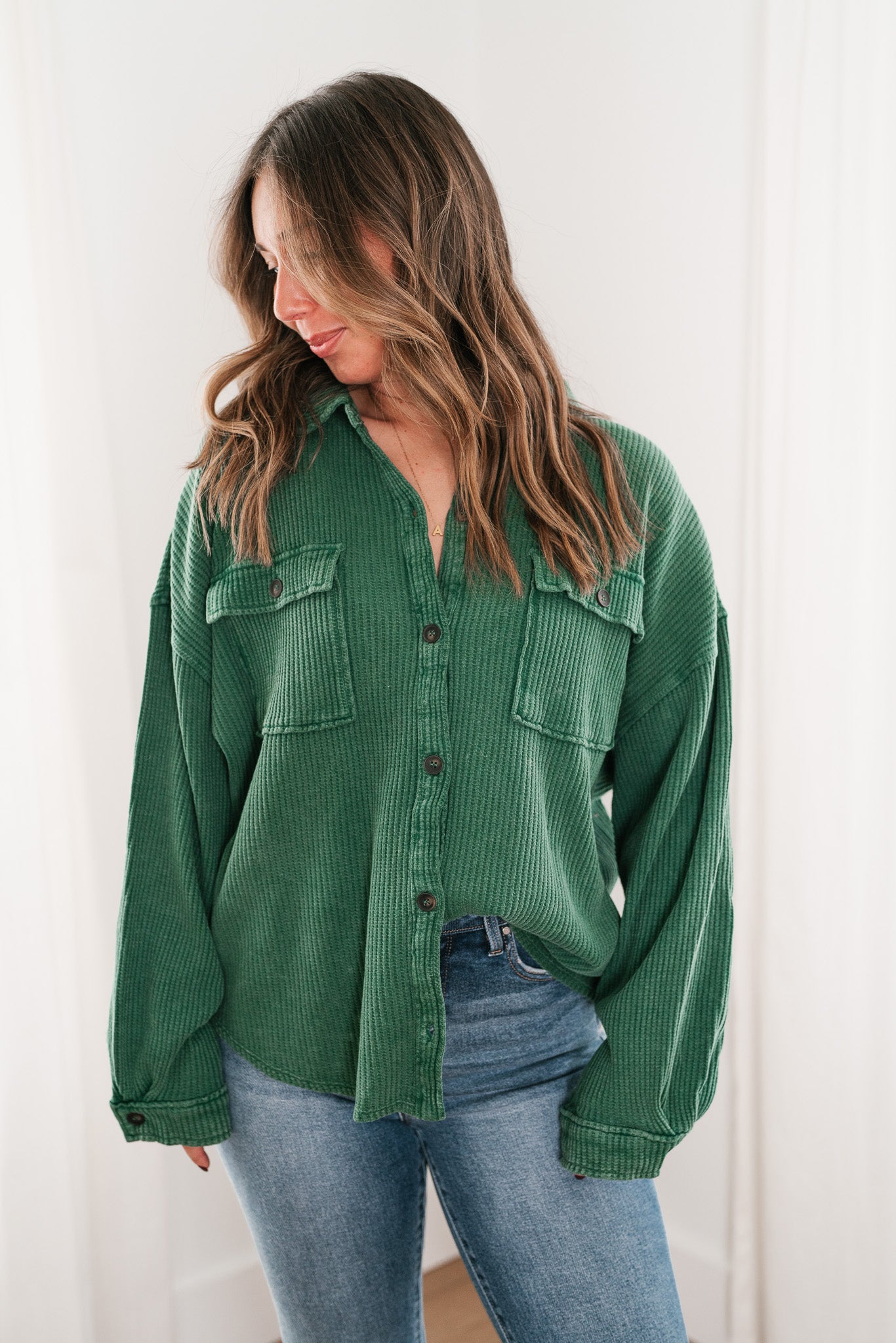 With Love Waffle Knit Button Up - Dark Green