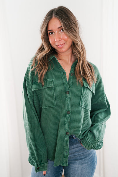 With Love Waffle Knit Button Up - Dark Green