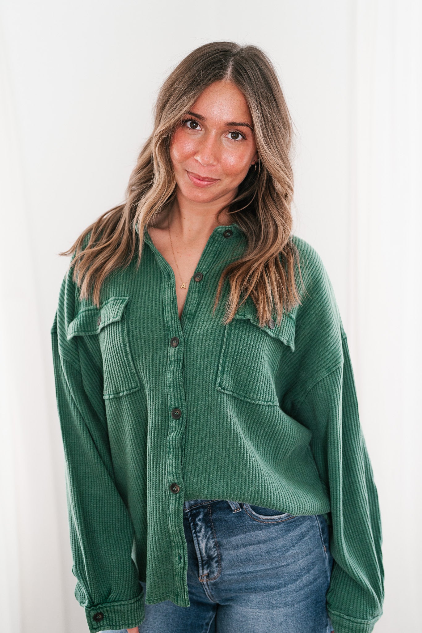 With Love Waffle Knit Button Up - Dark Green