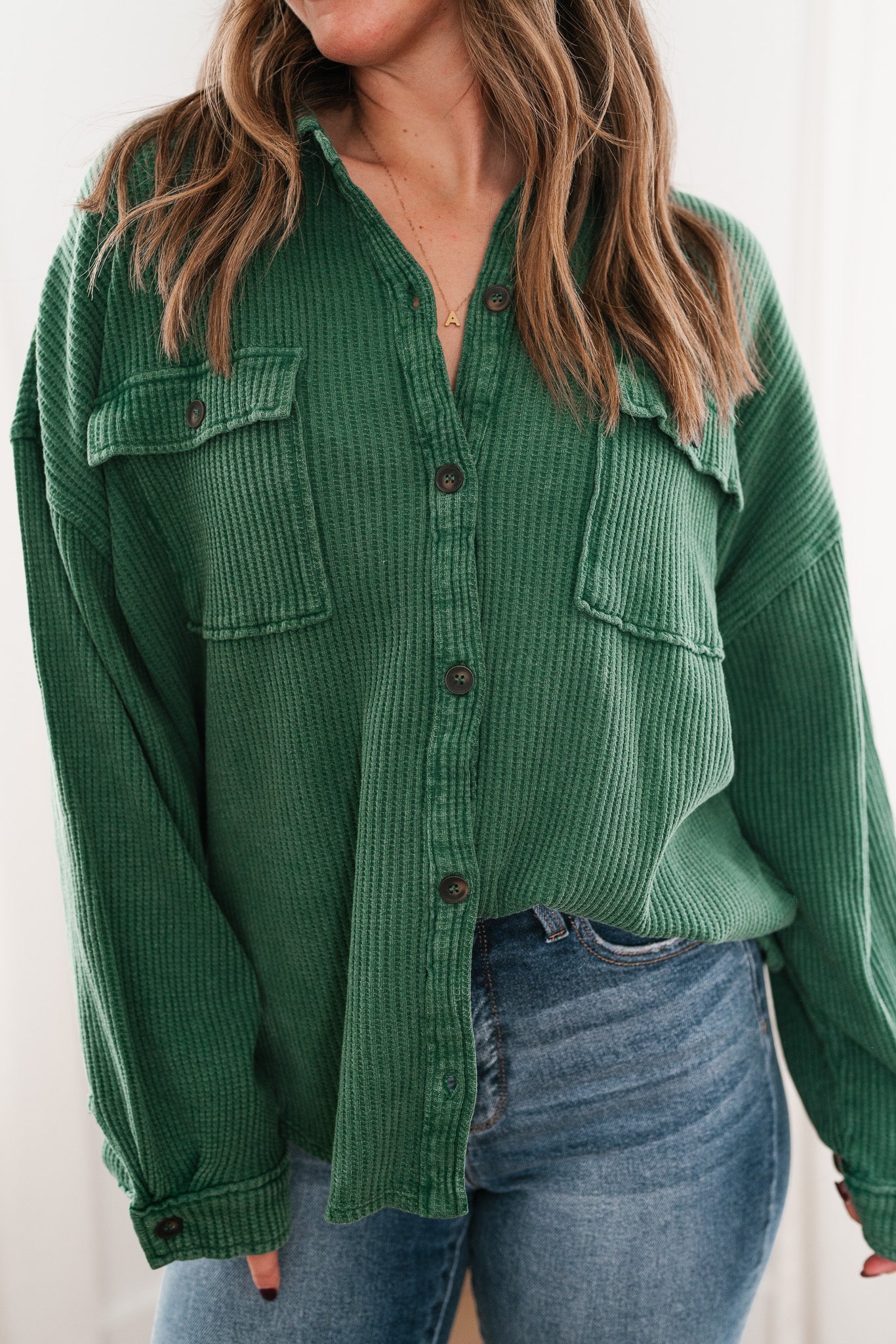 With Love Waffle Knit Button Up - Dark Green