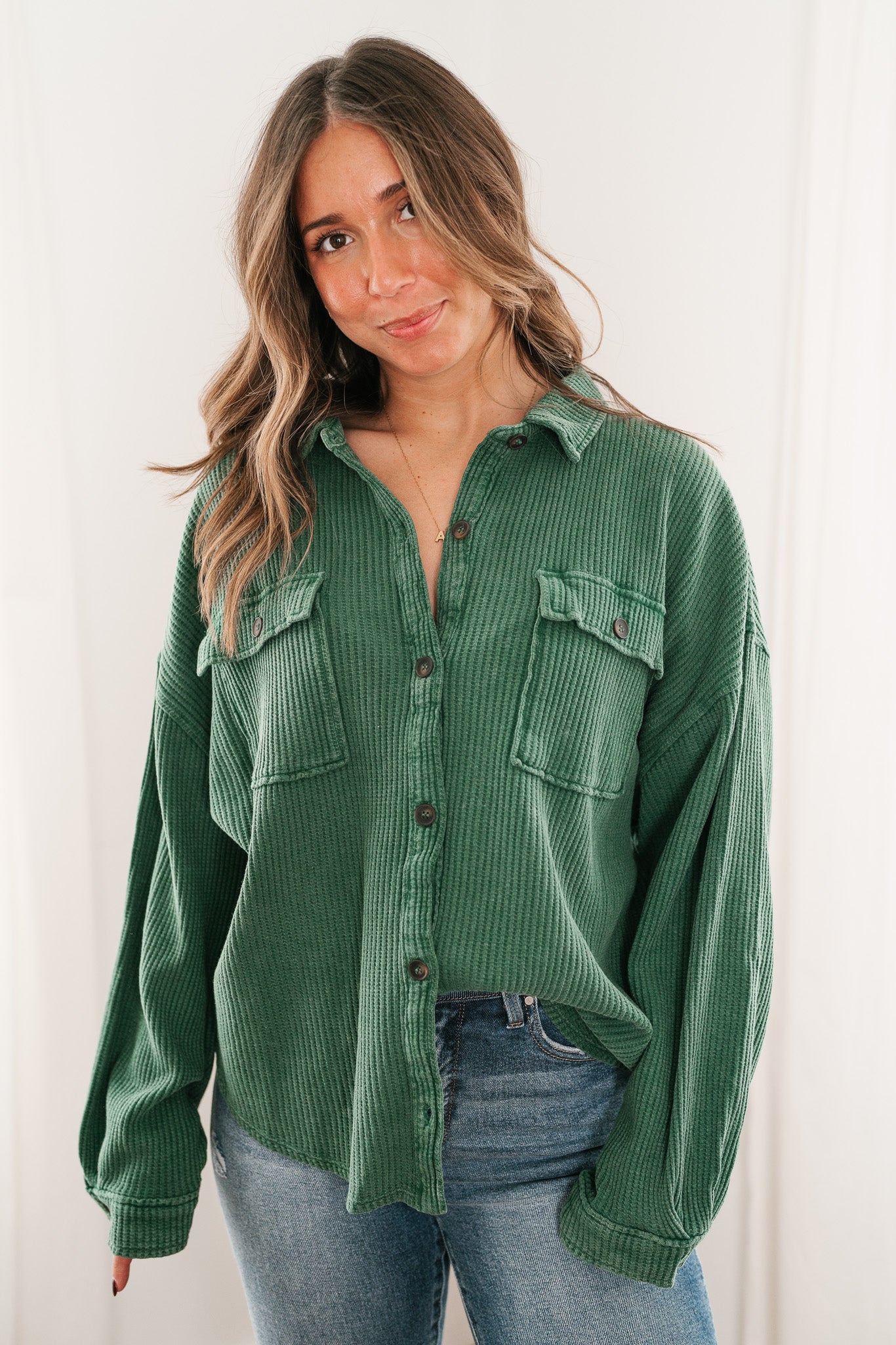 With Love Waffle Knit Button Up - Dark Green