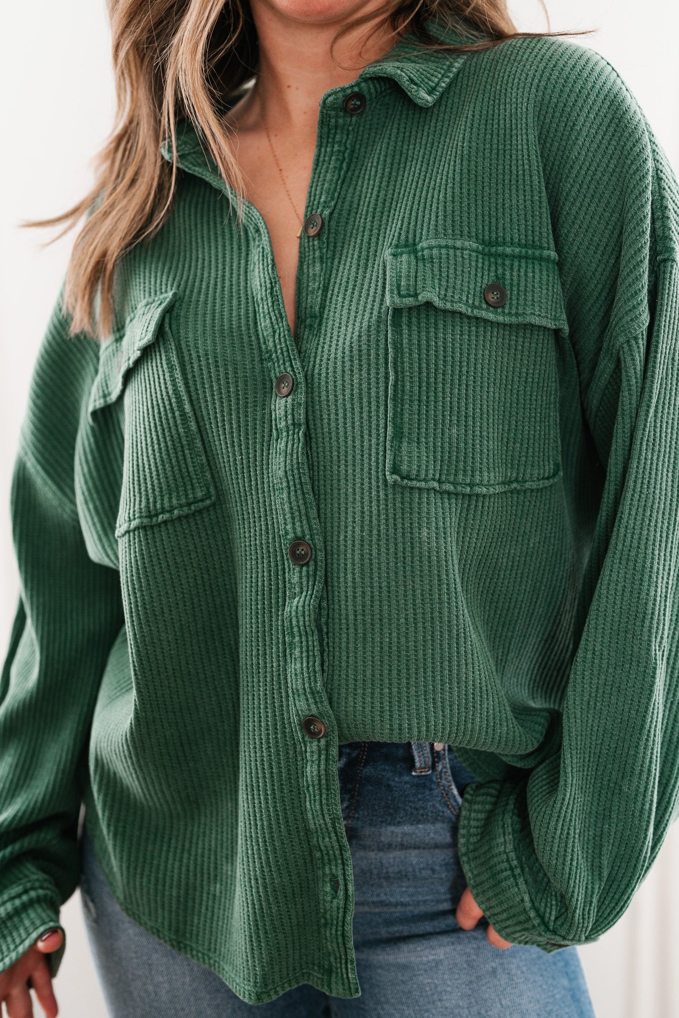 With Love Waffle Knit Button Up - Dark Green