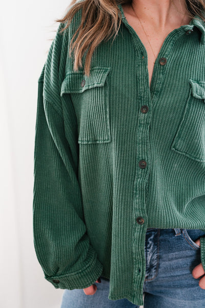 With Love Waffle Knit Button Up - Dark Green