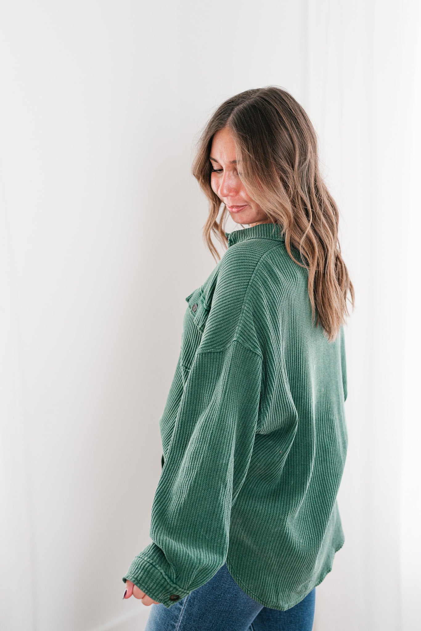 With Love Waffle Knit Button Up - Dark Green