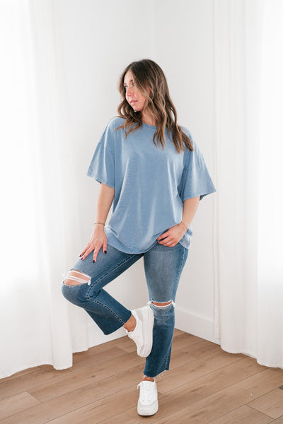 Lounge Around Mineral Wash Oversized Tee- Gray Blue