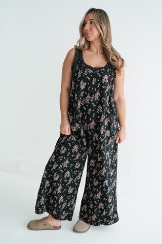 Blossom Trail Floral Wide Leg Jumpsuit - Black
