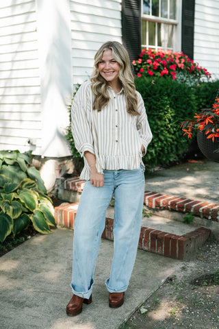 Fresh Start Stripe Button-Up - Taupe