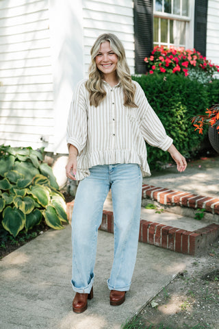 Fresh Start Stripe Button-Up - Taupe