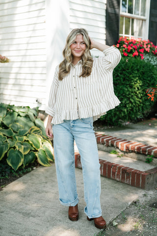 Fresh Start Stripe Button-Up - Taupe