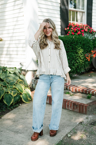 Fresh Start Stripe Button-Up - Taupe