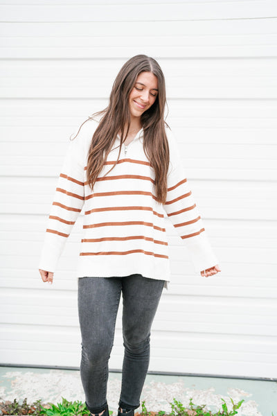 Lakeside Striped Quarter Zip Sweater - Camel
