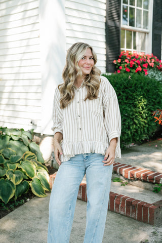 Fresh Start Stripe Button-Up - Taupe