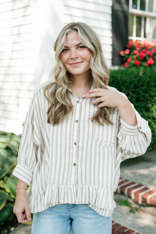 Fresh Start Stripe Button-Up - Taupe