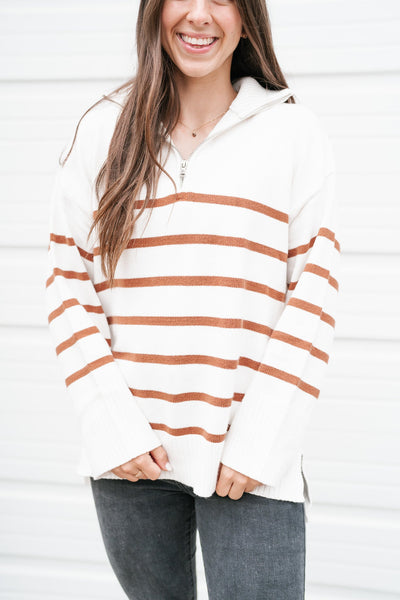 Lakeside Striped Quarter Zip Sweater - Camel
