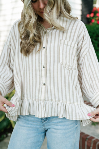 Fresh Start Stripe Button-Up - Taupe