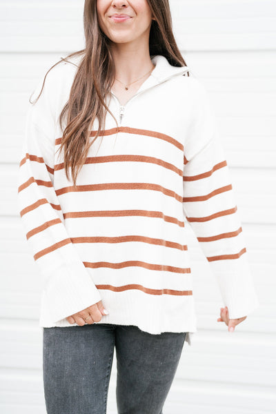 Lakeside Striped Quarter Zip Sweater - Camel