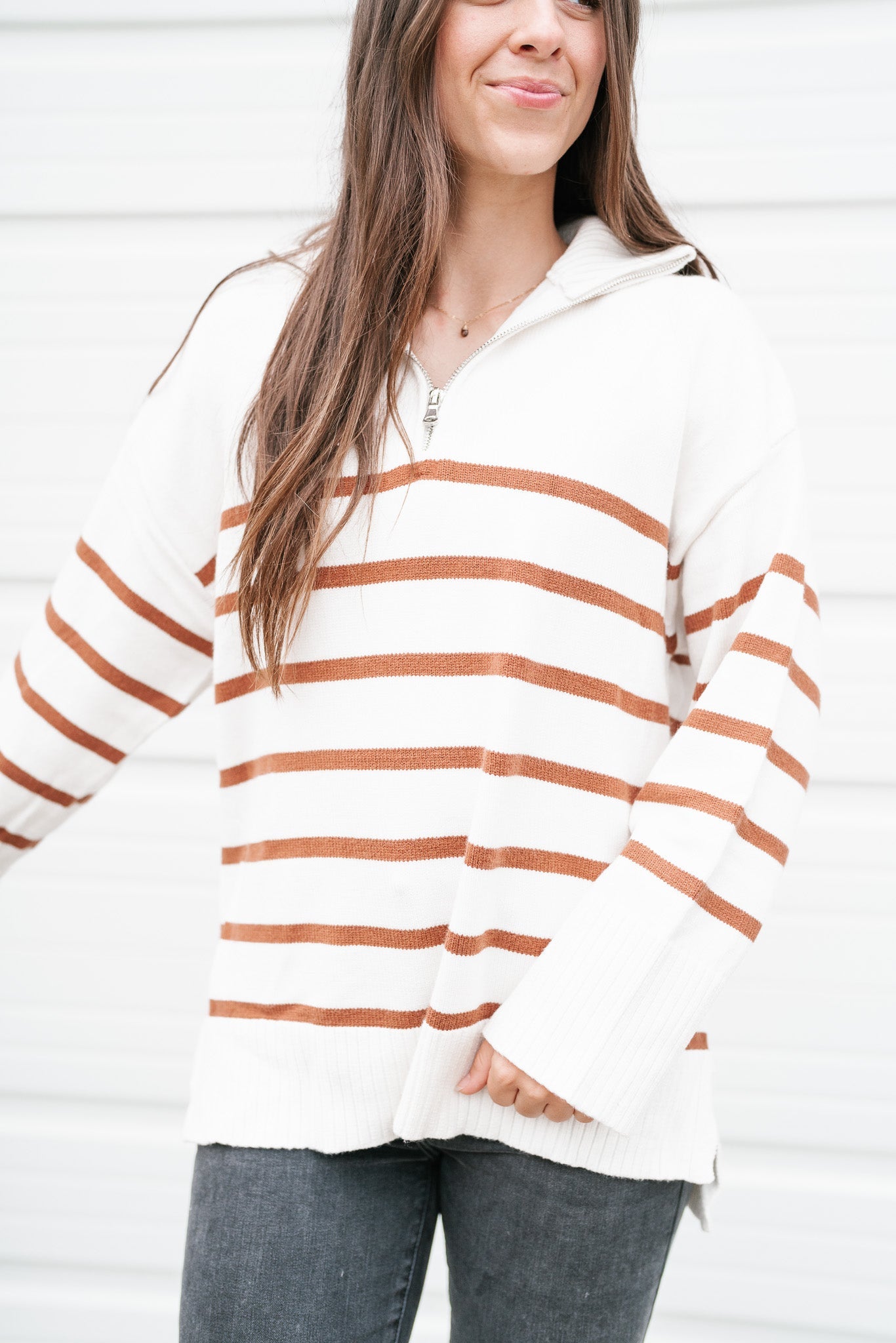 Lakeside Striped Quarter Zip Sweater - Camel