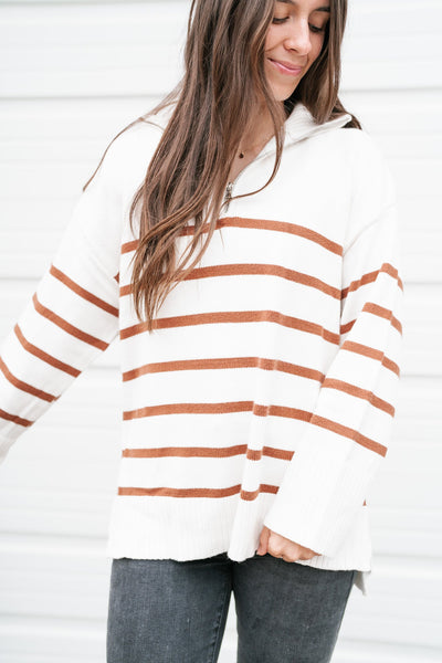 Lakeside Striped Quarter Zip Sweater - Camel