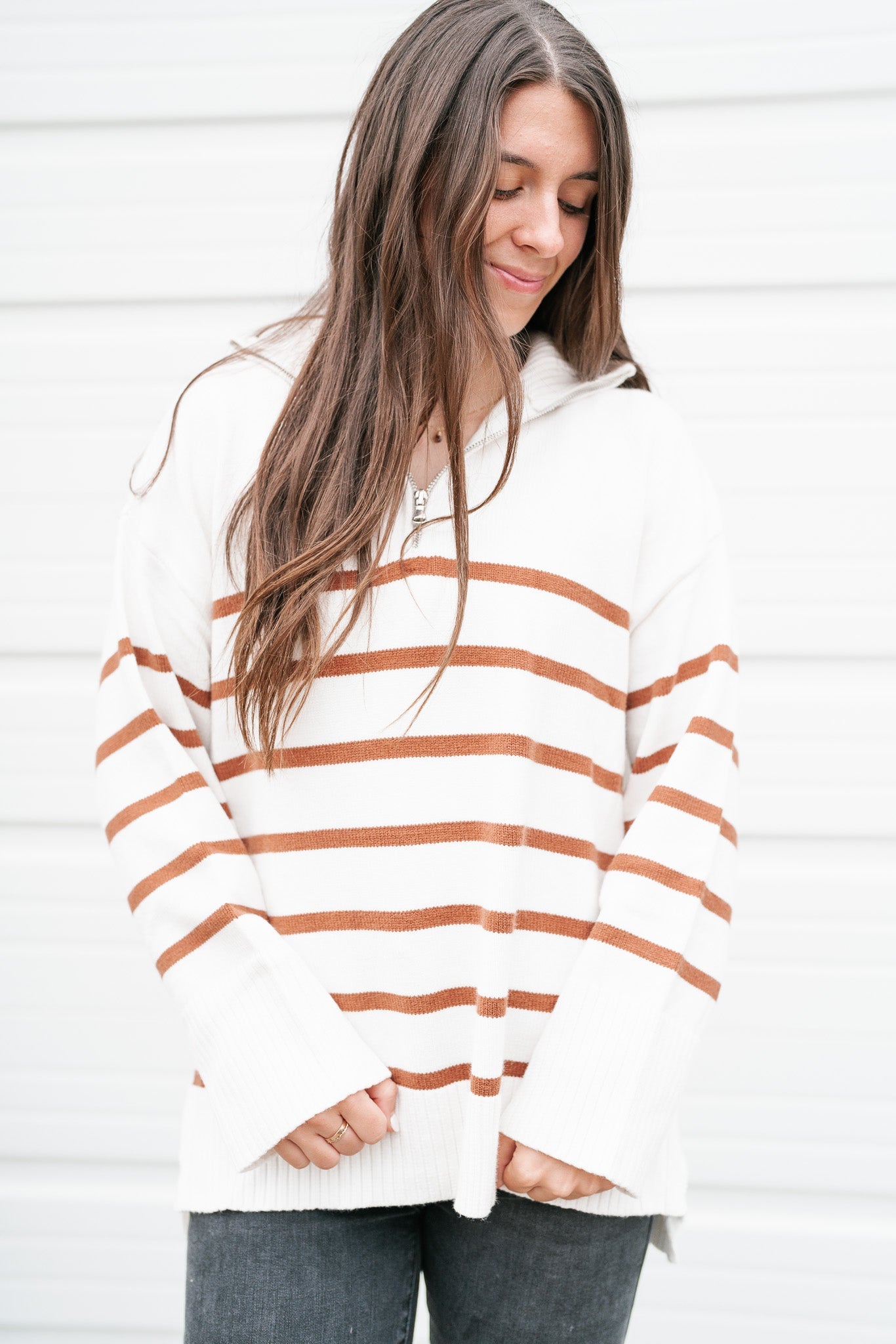 Lakeside Striped Quarter Zip Sweater - Camel