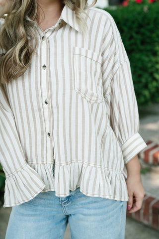 Fresh Start Stripe Button-Up - Taupe