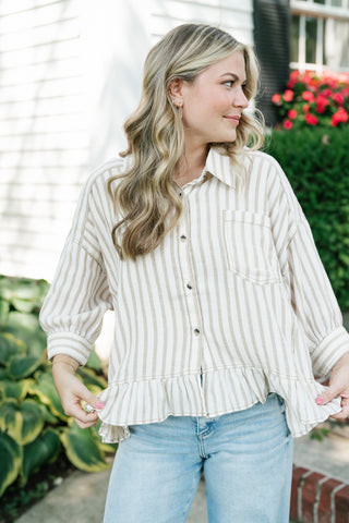 Fresh Start Stripe Button-Up - Taupe