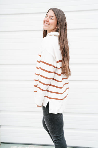 Lakeside Striped Quarter Zip Sweater - Camel