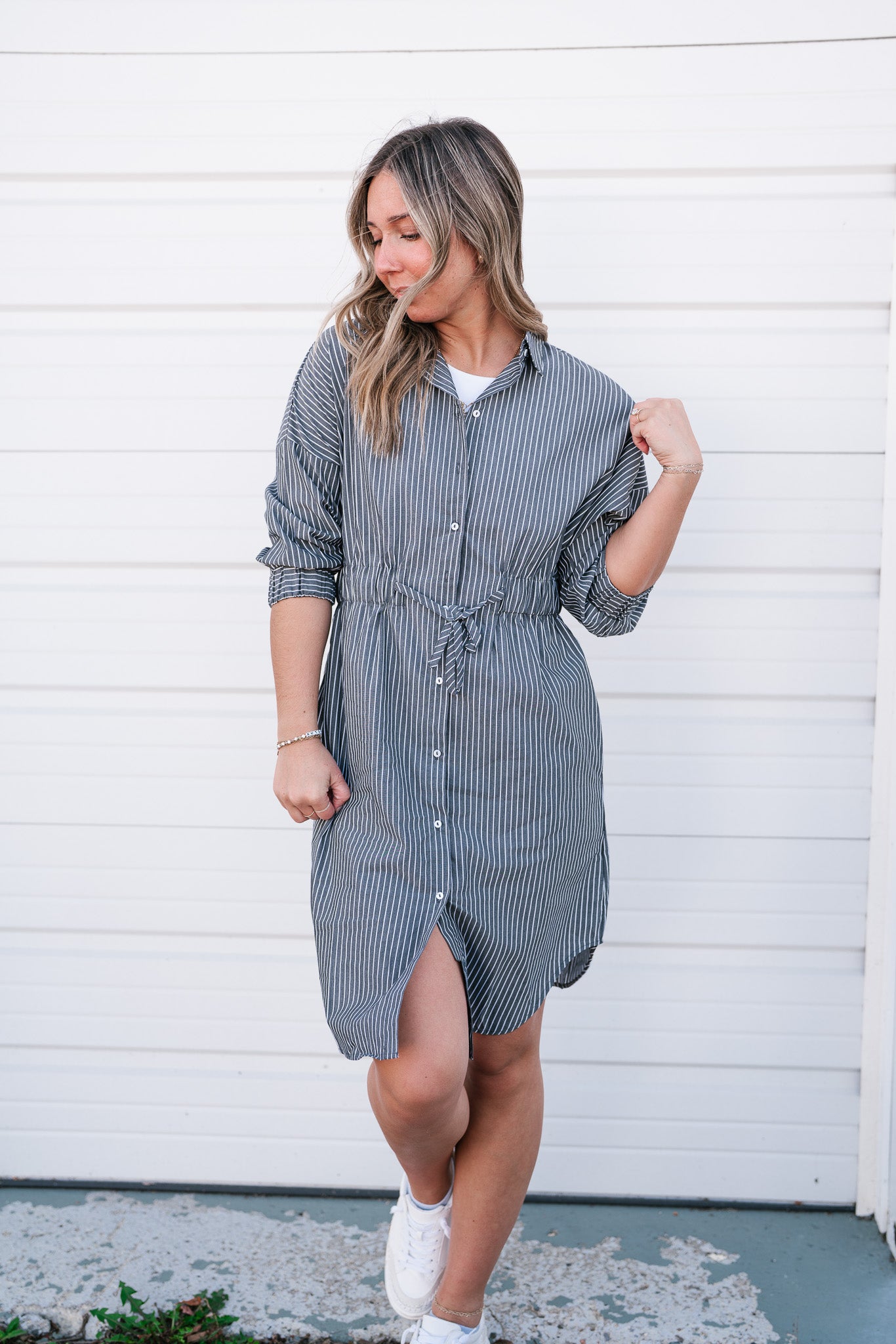 All About It Striped Drawstring Dress