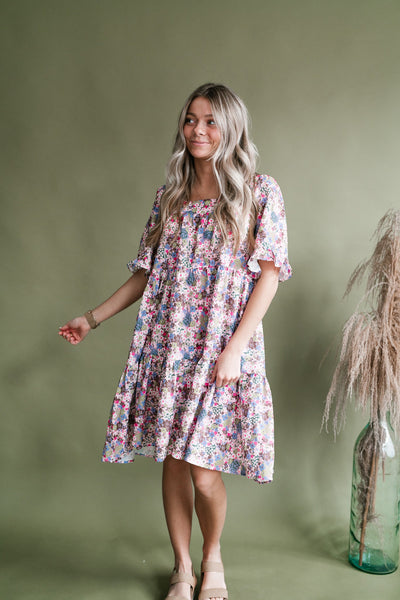 Roseanne Tiered Floral Midi Dress- Lilac Mauve