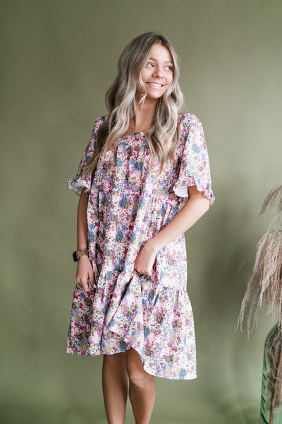 Roseanne Tiered Floral Midi Dress- Lilac Mauve