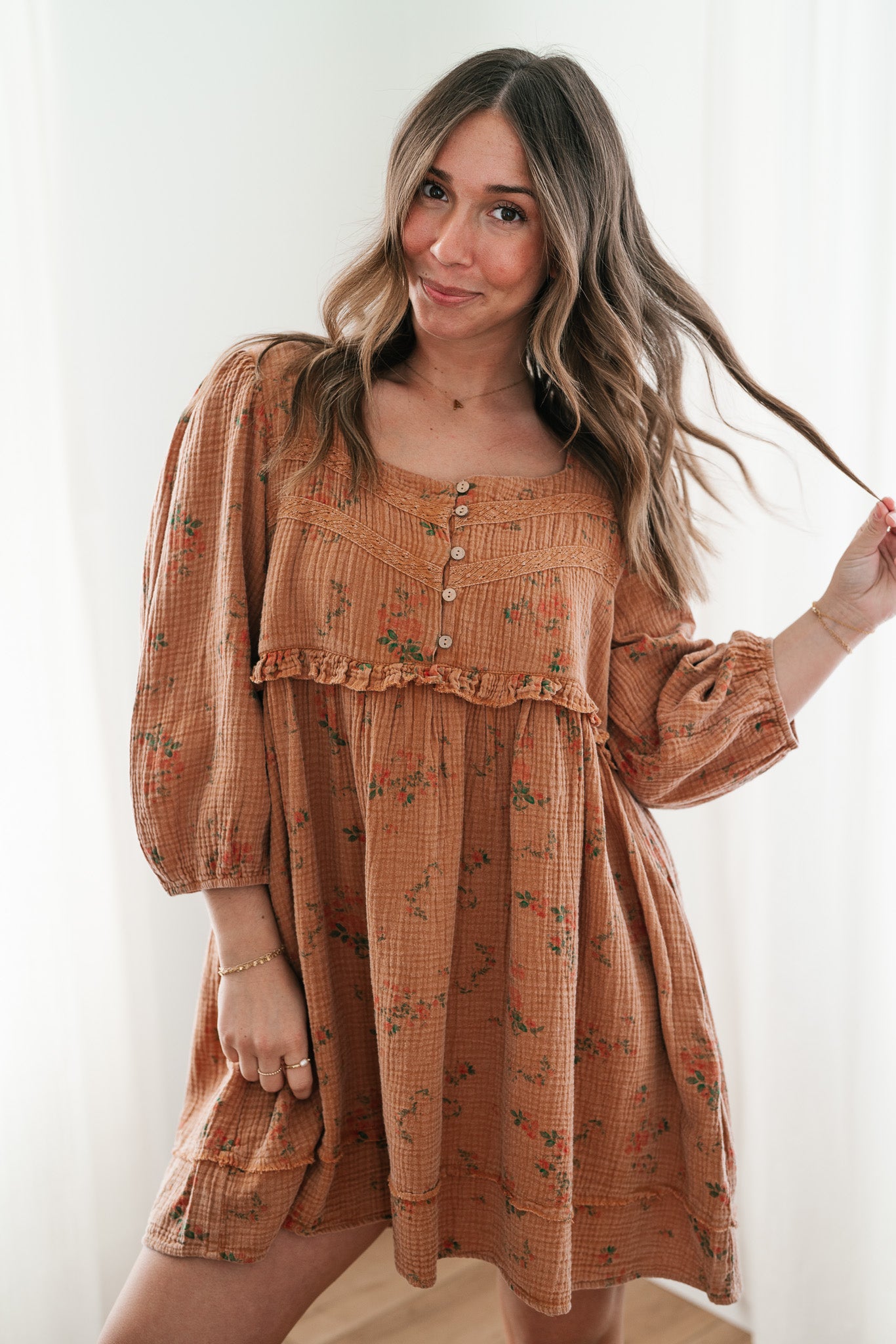 Country Side Floral Gauze Dress - Terracotta