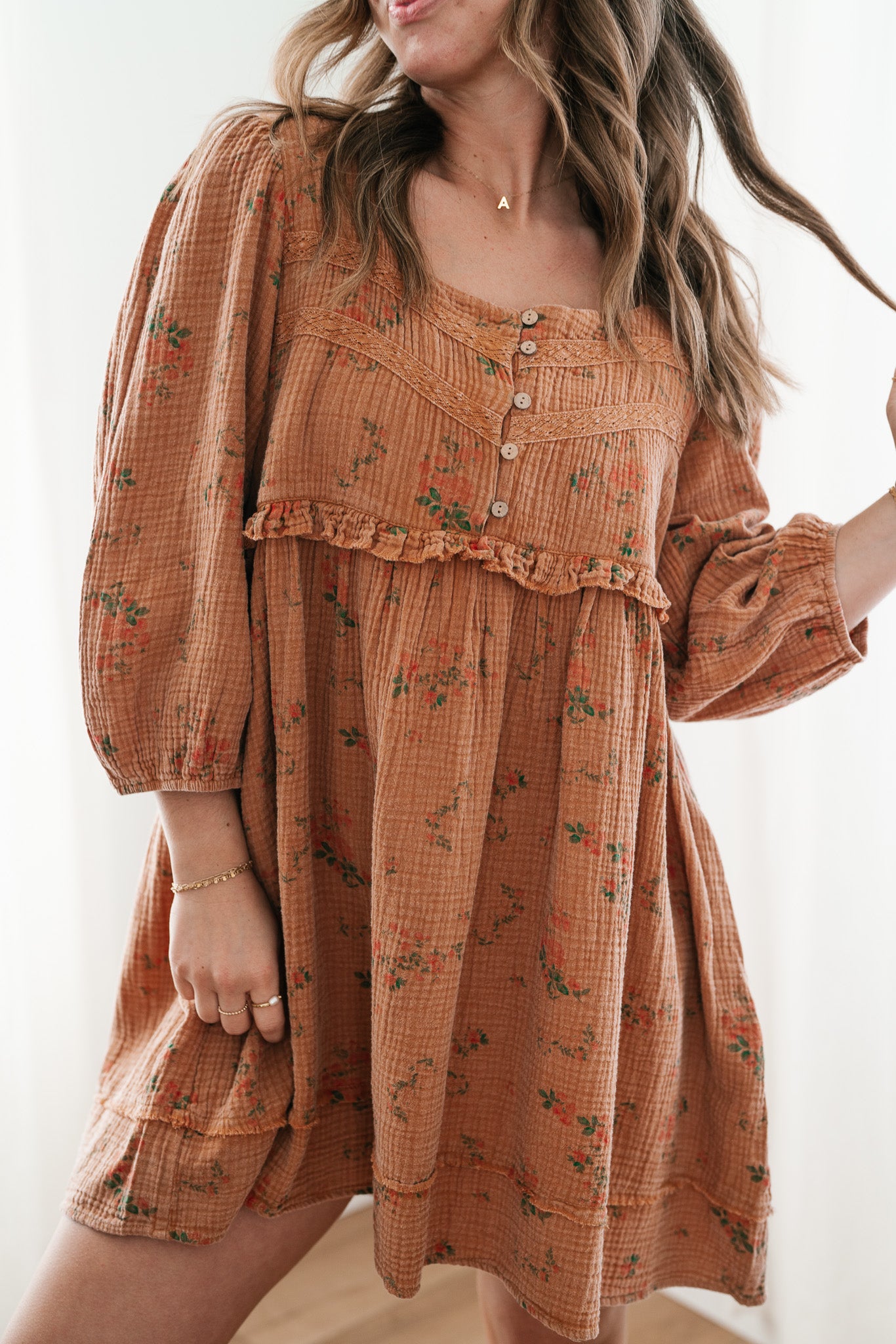 Country Side Floral Gauze Dress - Terracotta