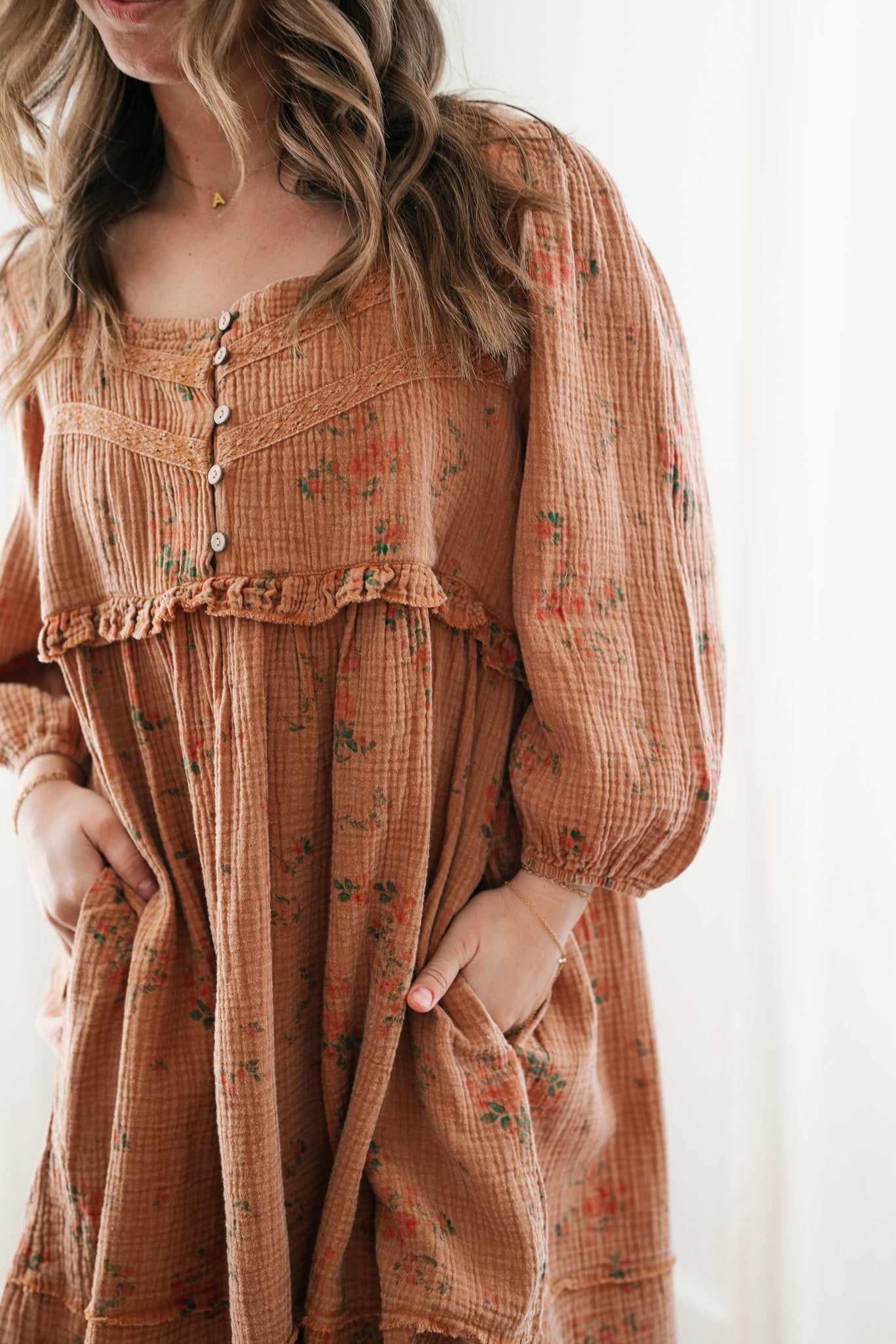 Country Side Floral Gauze Dress - Terracotta