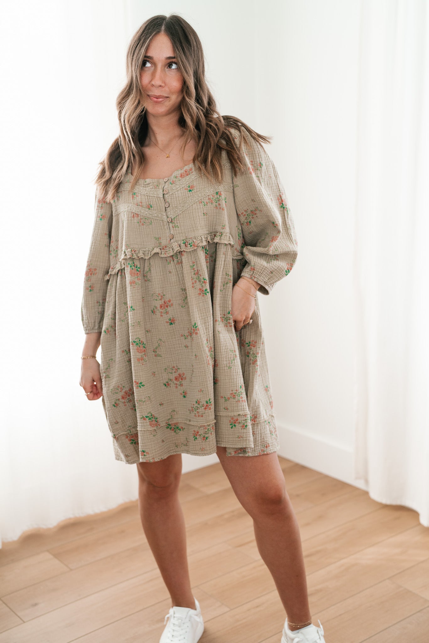 Country Side Floral Gauze Dress - Faded Sage