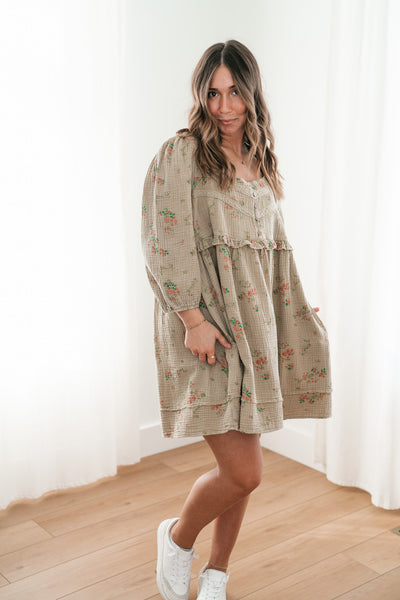 Country Side Floral Gauze Dress - Faded Sage