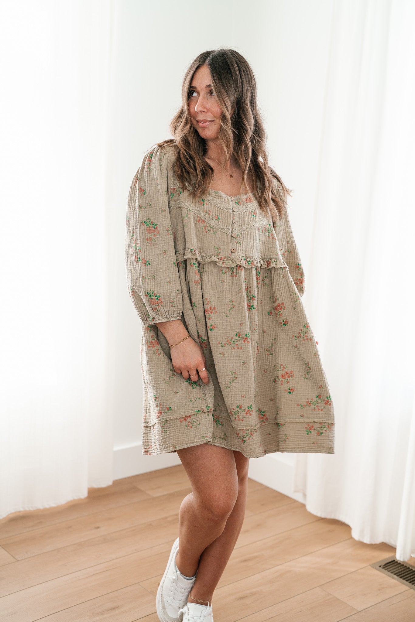 Country Side Floral Gauze Dress - Faded Sage