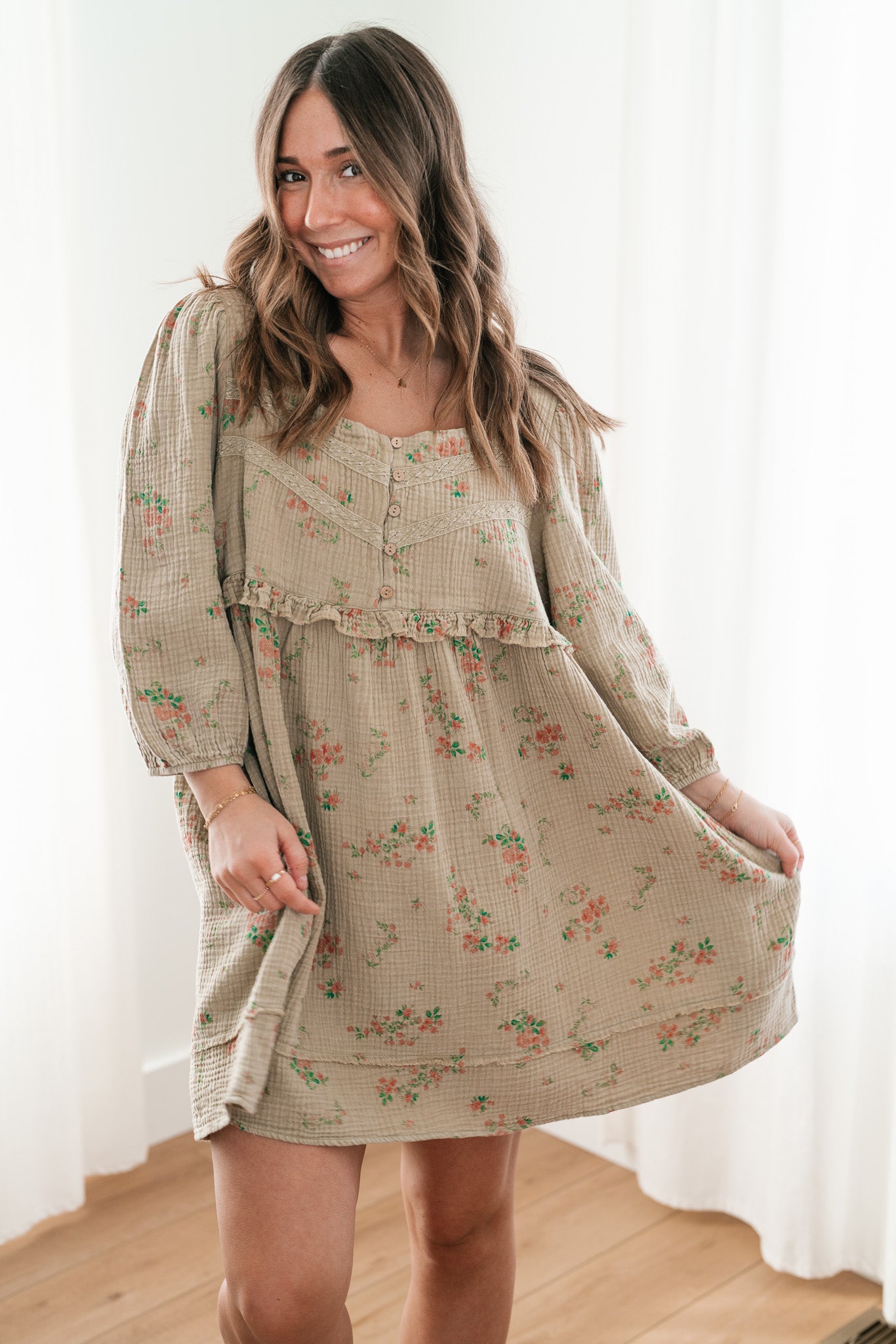 Country Side Floral Gauze Dress - Faded Sage