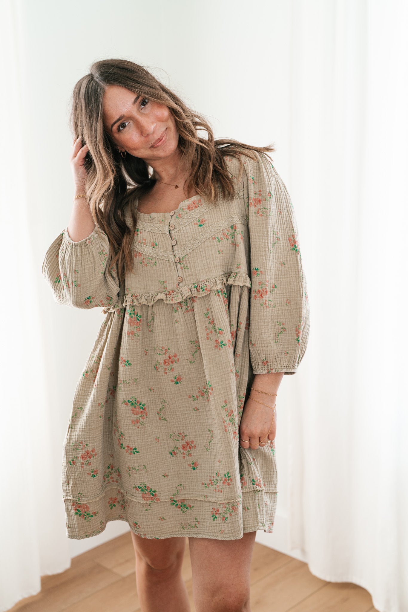 Country Side Floral Gauze Dress - Faded Sage