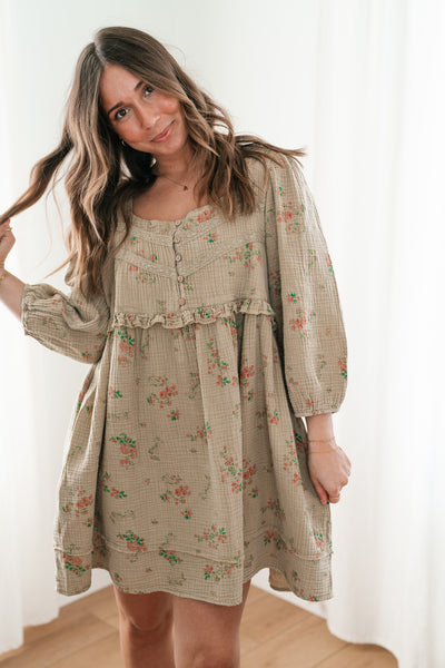 Country Side Floral Gauze Dress - Faded Sage