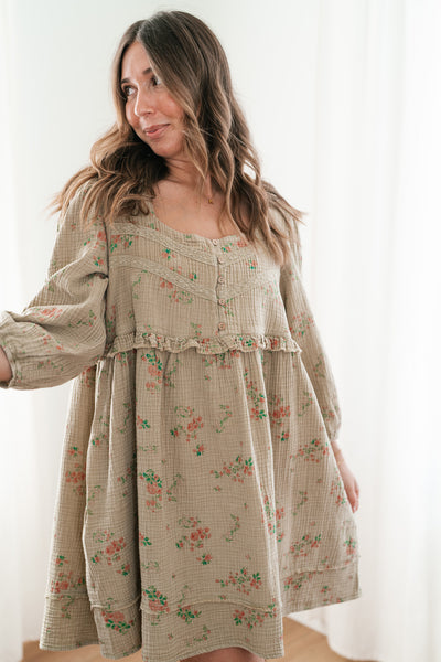 Country Side Floral Gauze Dress - Faded Sage